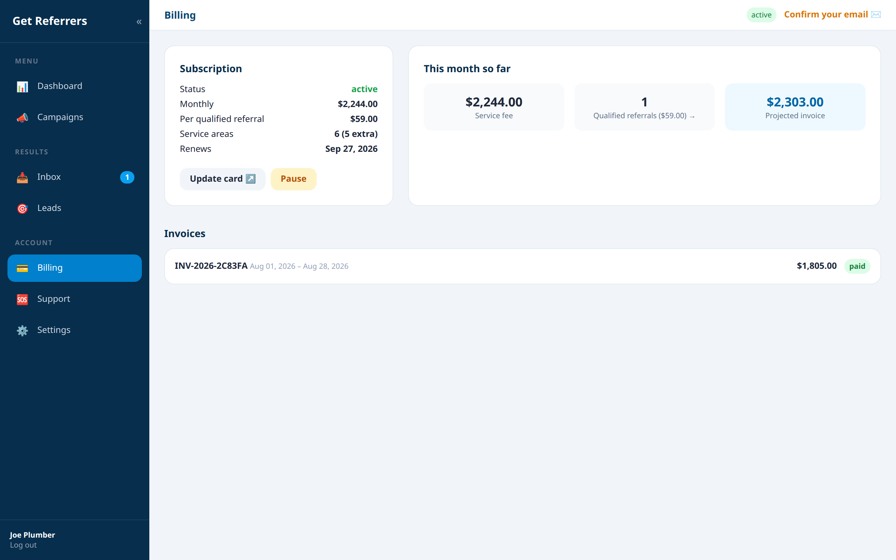 12. Billing — transparent to the dollar — Get Referrers platform screenshot