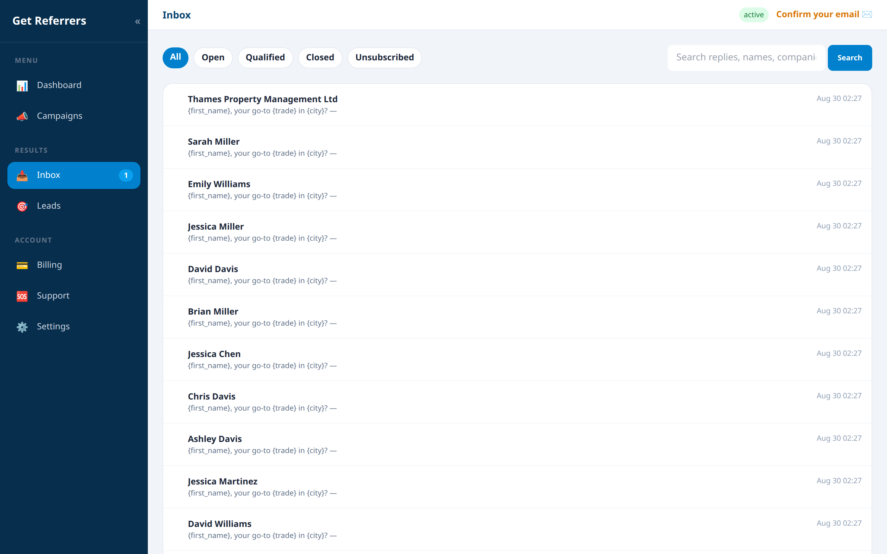 9. Unified inbox — Get Referrers platform screenshot