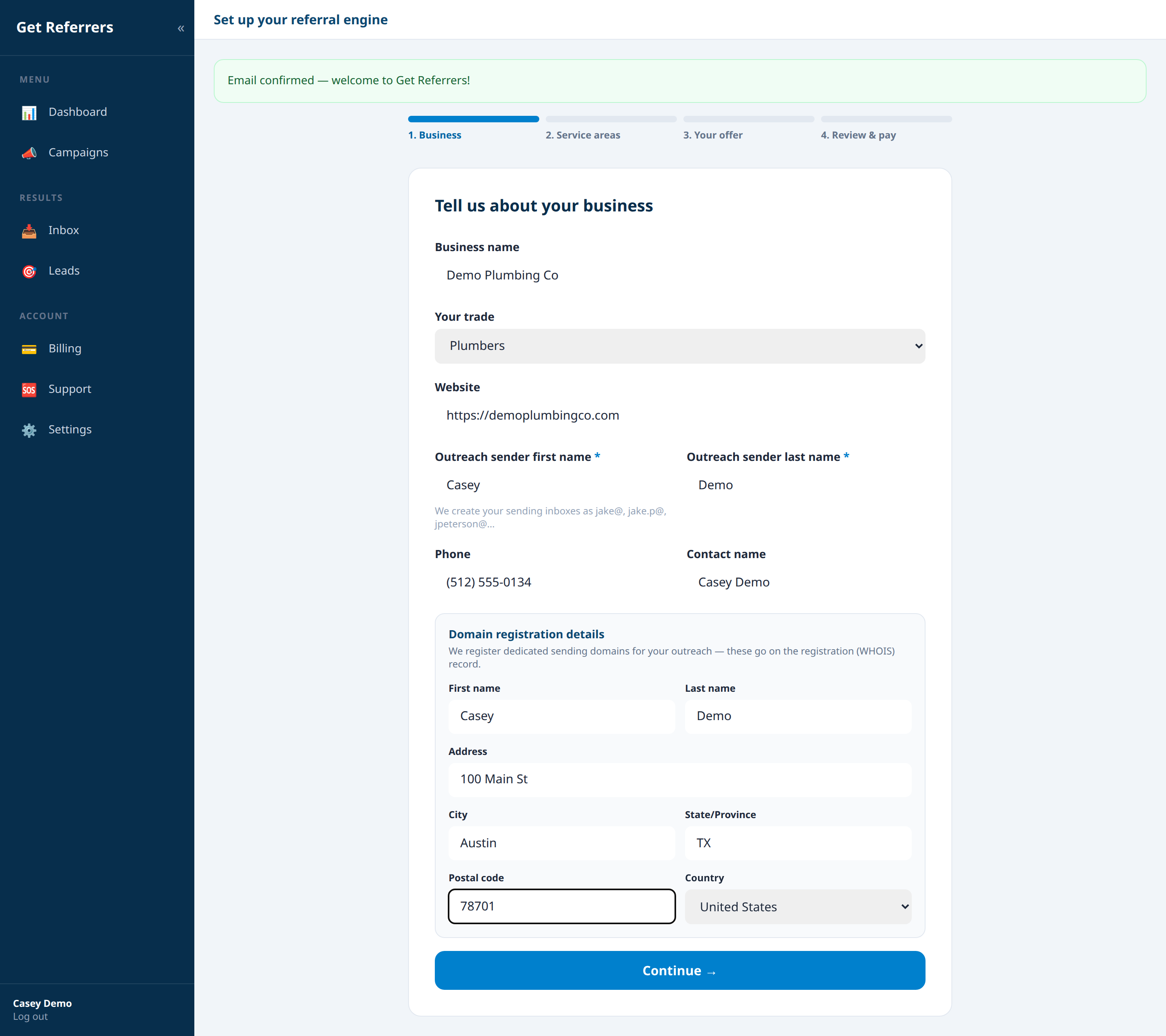 1. Onboarding — business details — Get Referrers platform screenshot