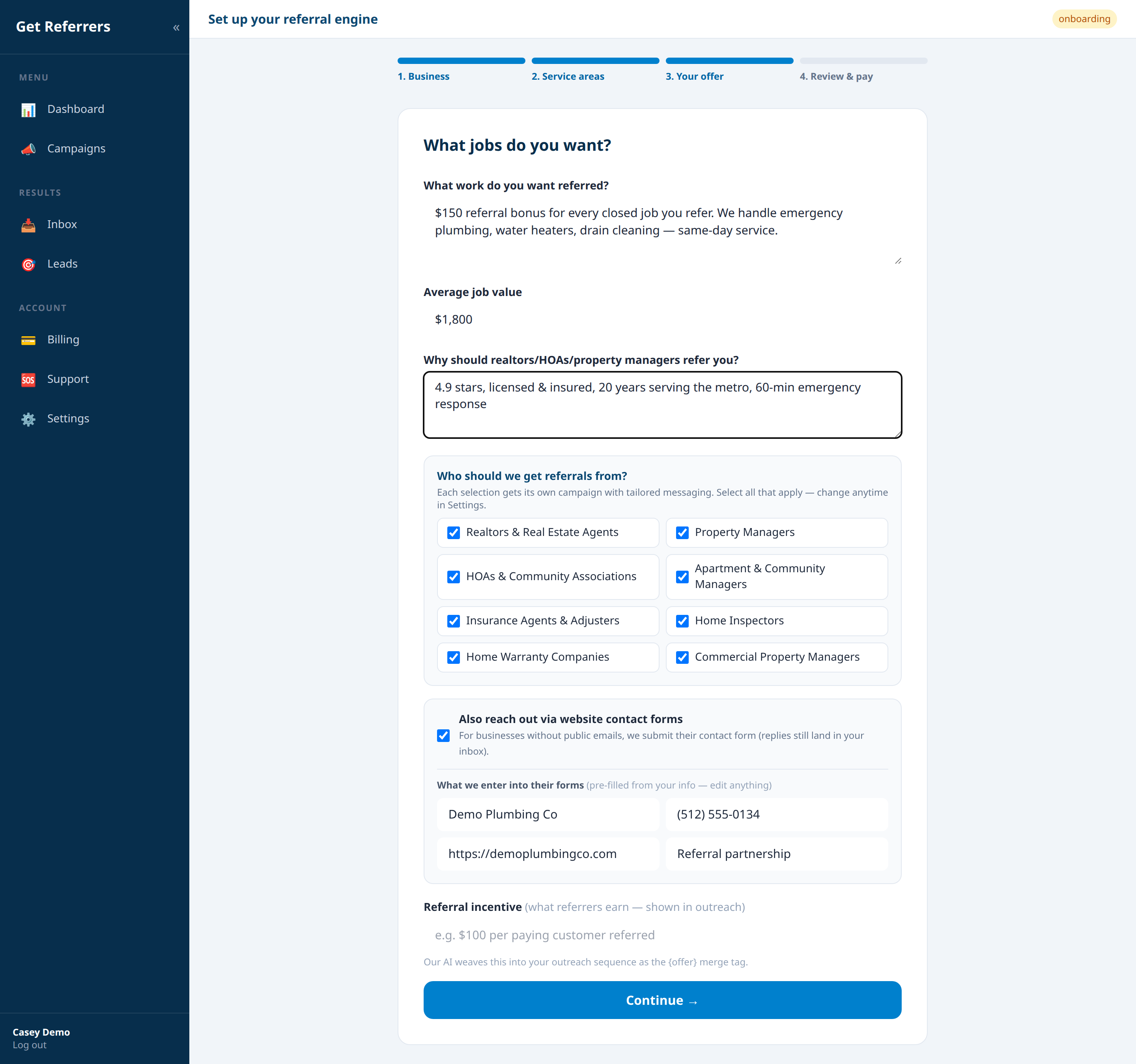 3. Onboarding — your offer & audiences — Get Referrers platform screenshot